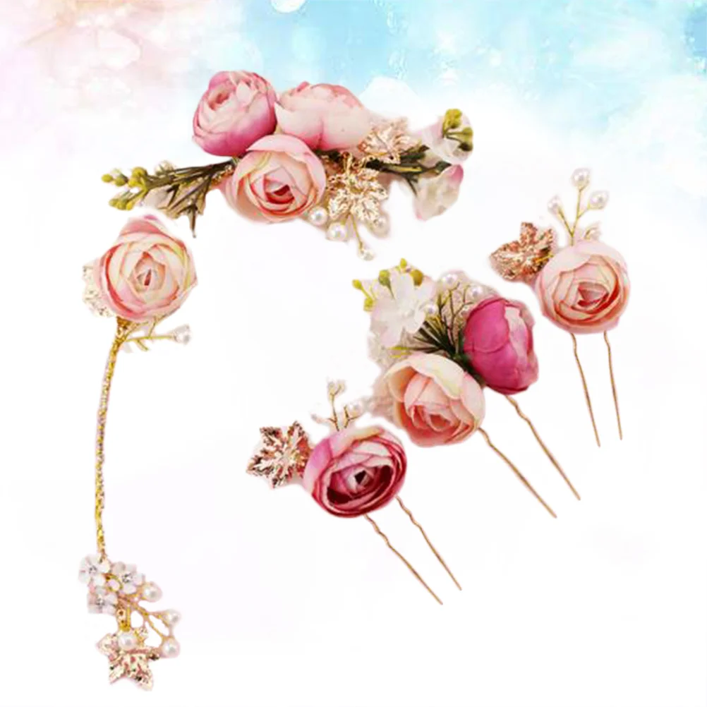 4 Pcs Rose Bridal Headpiece U- Shaped Hair Clips U-shaped Wedding Fabric Hairpin Barrettes Girls Flower Bows Vine