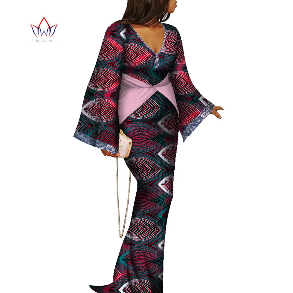 

Bintarealwax летняя Африканская Одежда Для Женщин Дашики с длинным рукавом V-образным вырезом Макси платья элегантные женские модели WY8849