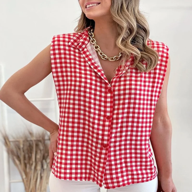 

Splicing Clothes for New Year 2022 Summer New Check Button Panel Sleeveless Shirt Women's Wear Female Clothing Vestido Feminino