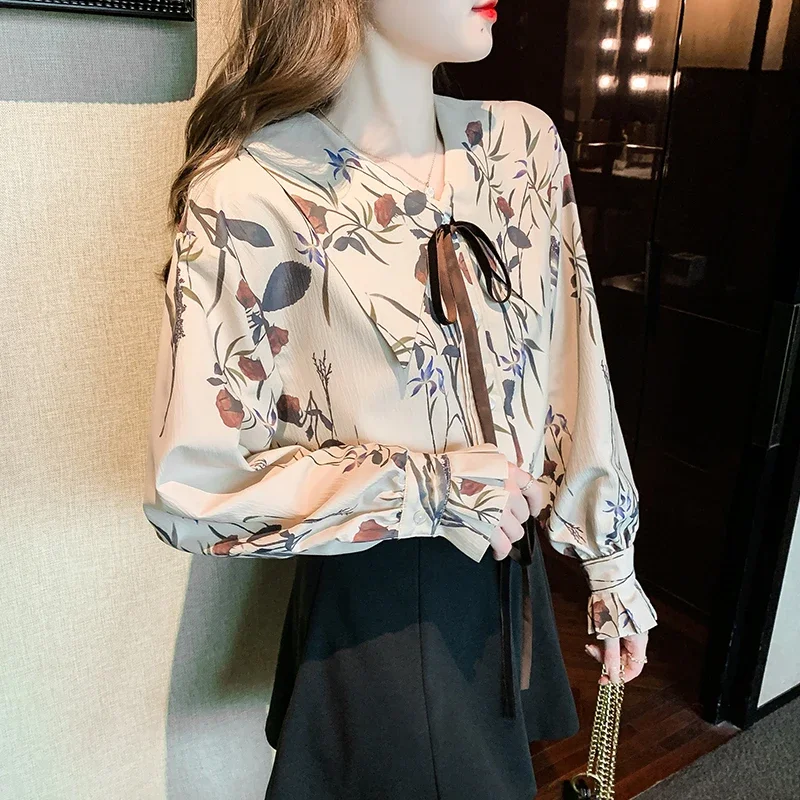 

Chiffon Flower Fashion Print Vintage Blouses Polo-Neck Ladies Clothing Loose Long Sleeves Spring/Summer Women Tops YCMYUNYAN