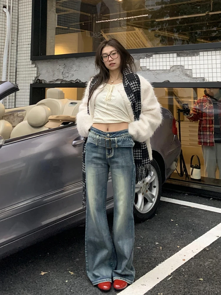 Женские расклешенные джинсы с поясом REDDACHiC винтажные стираемые широкие брюки