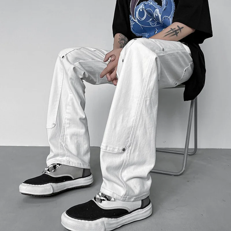 Streetwear Men Recreational Vintage Rivet White Jeans 2022 Fashion New Versatile Loose Straight Cylinder Trousers Autumn Female