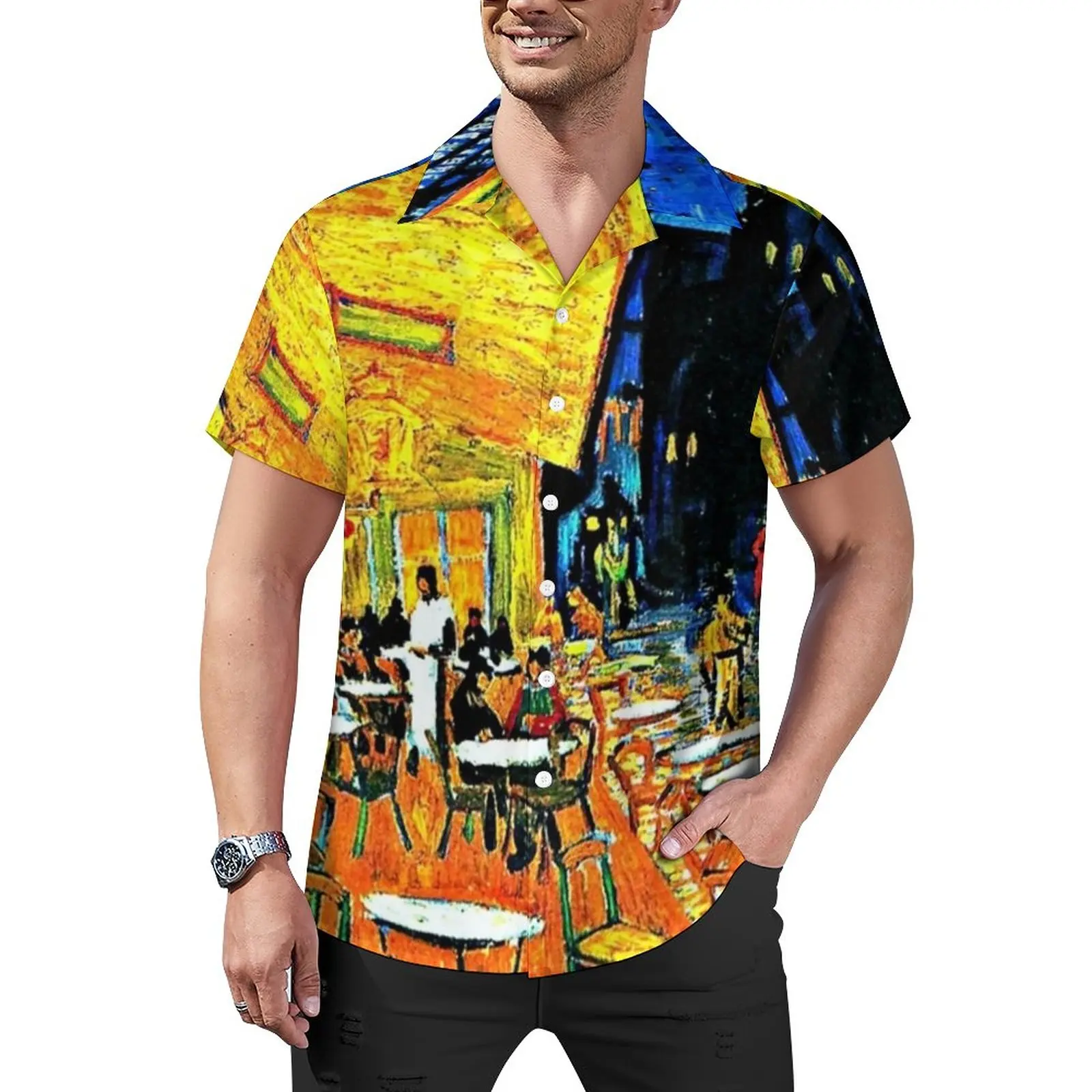 

Van Gogh Classic Blouses Men Cafe Terrace Place Du Forum Casual Shirts Hawaii Short Sleeve Custom Cool Oversized Vacation Shirt