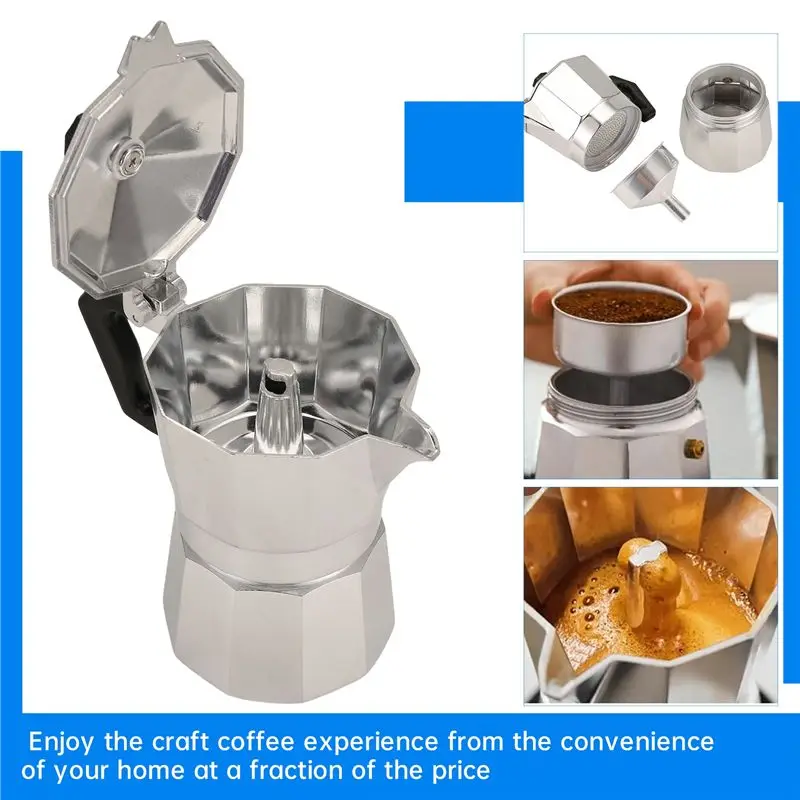 Фото Кофеварка A92P Moka Pot: Итальянская кофемашина для эспрессо, алюминиевая кофеварка-гейзер, кофеварка для латте, классические ак №1