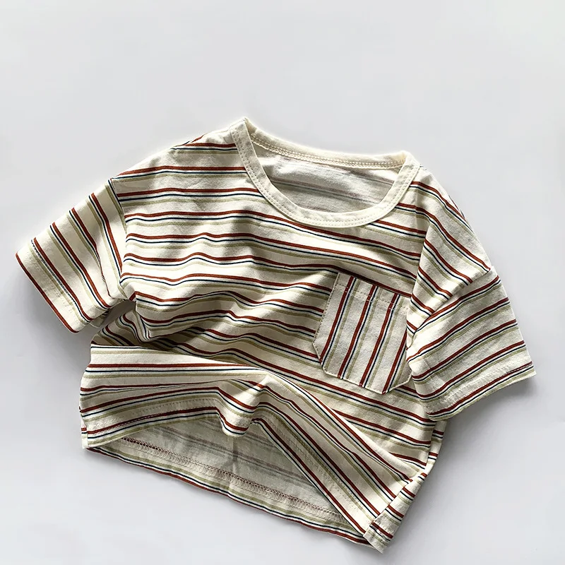 Fahion T Shirts Fashion Cotton Toddler T-shirt Unisex Tops 2022 Summer Baby Boys Girls Striped Tee Kids Pocket Clothes