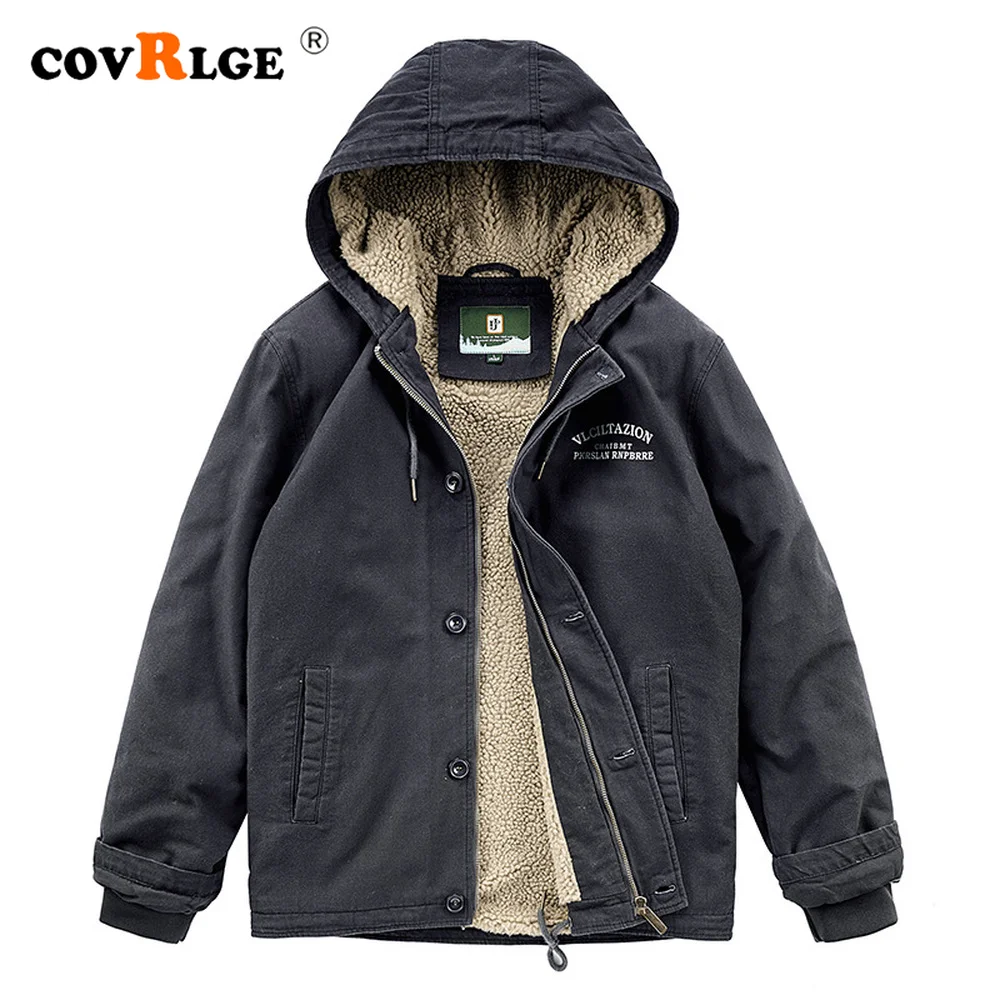 Covrlge Men's Casual Warm Parka Fashion Hooded Autumn Winter Solid Color New Jacket Plus Thicken Velvet Coat Streetwear MWM133