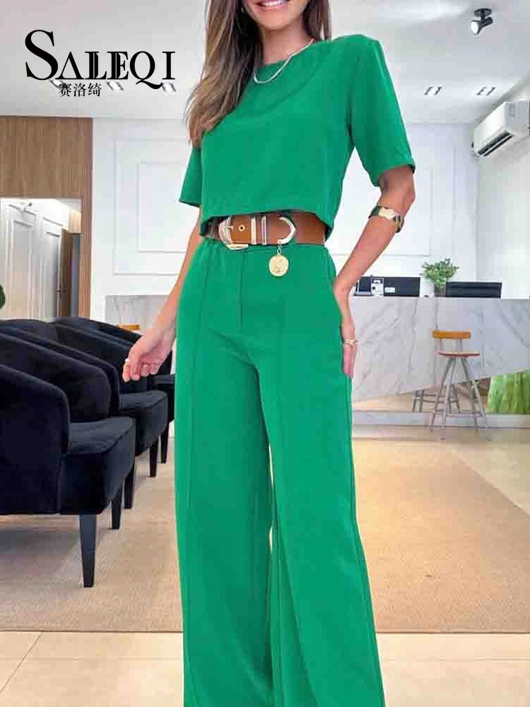 

Spring Summer Women Sexy Green Two Piece Sets Short Sleeve Solid Color Fashoin Wide Leg Pants 2 Piece Suit Female Outfit 2023