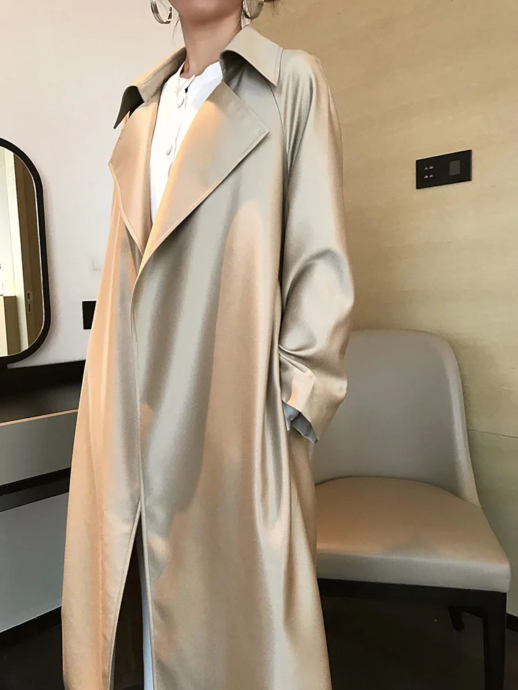 

DEAT Woman Trench Coat Champagne Solid Silkly Long Sleeve With Sashes Loose Minimalist High Street 2022 New Autumn Fashion AP161