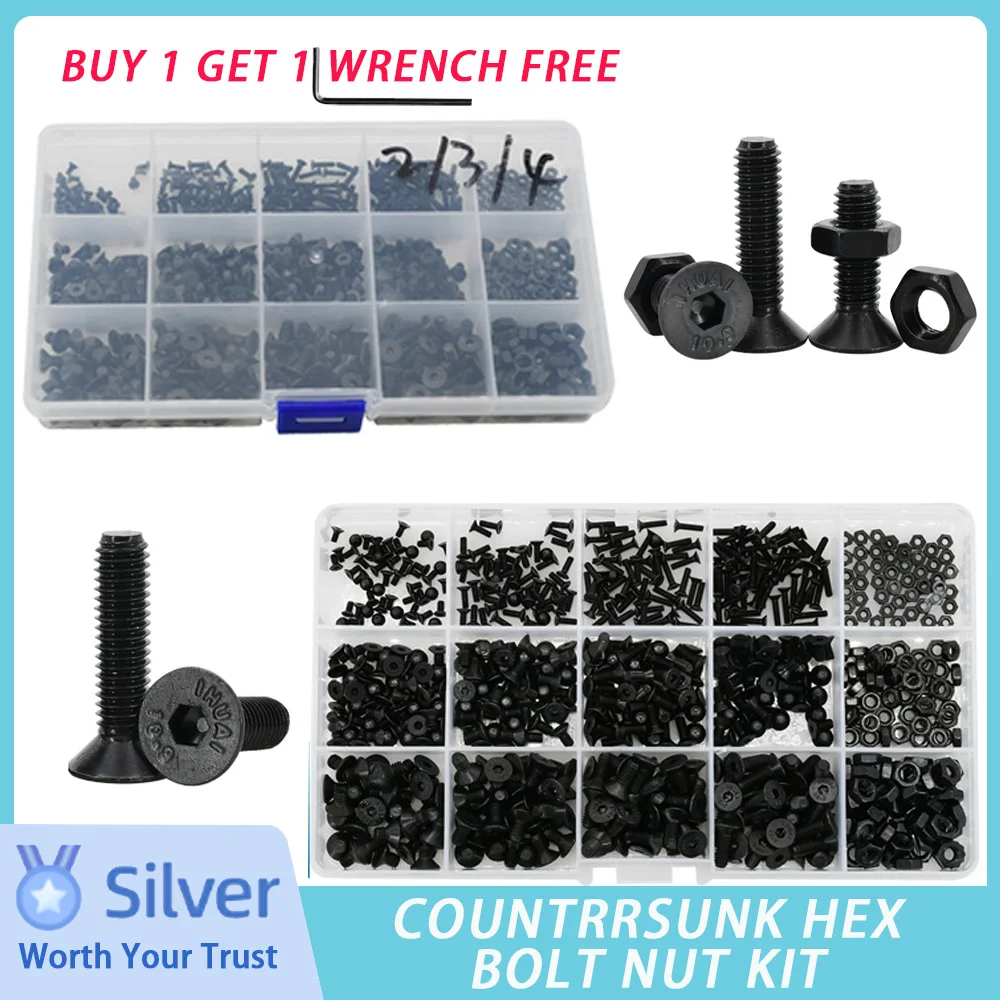 

M2 M3 M4 M5 M6 Grade Black Countersunk Flat Head Hex Bolt Nut Kit Electric Machine Screws 10.9 Alloy Steel Hexagon Allen Bolts