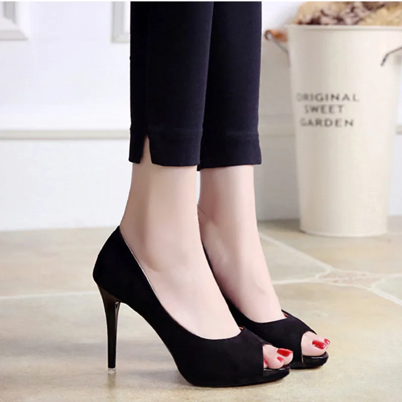 Fashion OL Summer Pumps For Women Office Shoes Solid Peep-toe 10cm High Heels Womans Party Shoes Flock Black Female Heeled Shoes