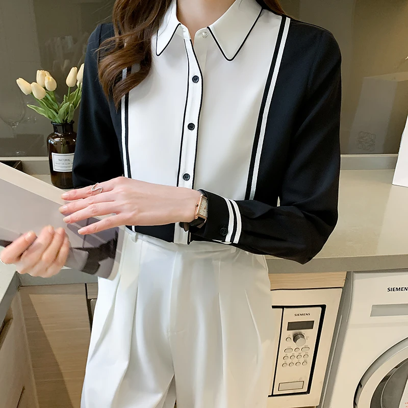 

Summer New Women's Blouse Long Sleeve Stitching Polo Shirt Chiffon Casual Fashion Loose Top Houthion