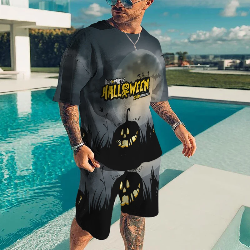 New Summer Halloween Sets Pumpkin Head Men Sports Jogging T Shirt Tracksuit Party Suit 3D Printed Breathable Popular Clothes