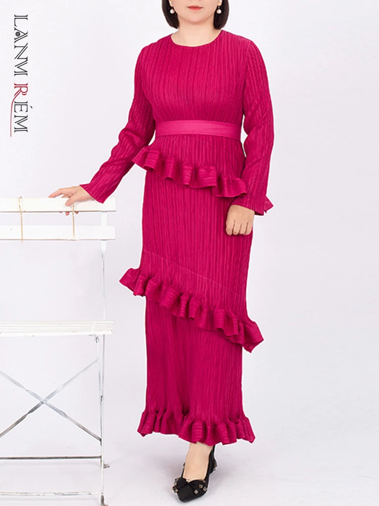 

LANMREM Elegant Pleated Ruffles Dress Women Round Neck Long Sleeves Solid Color Dresses Fashion Party 2023 Autumn New 2AA1620