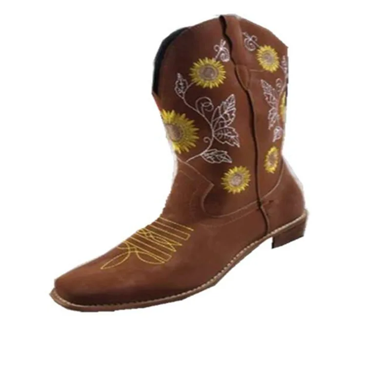 Women Shoes Mid-calf Boots Sunflower Printed Boots Thick Heel Leather Cowboy Boots Plus 35-43