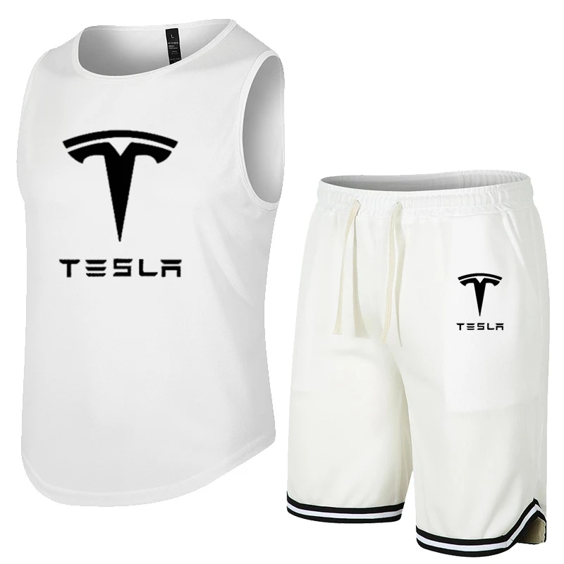 Tesla Summer basketball Sleeveless T-Shirt Set Men Tank Top + Shorts Male Fitness Competition Training Vest ventilate Tracksuit