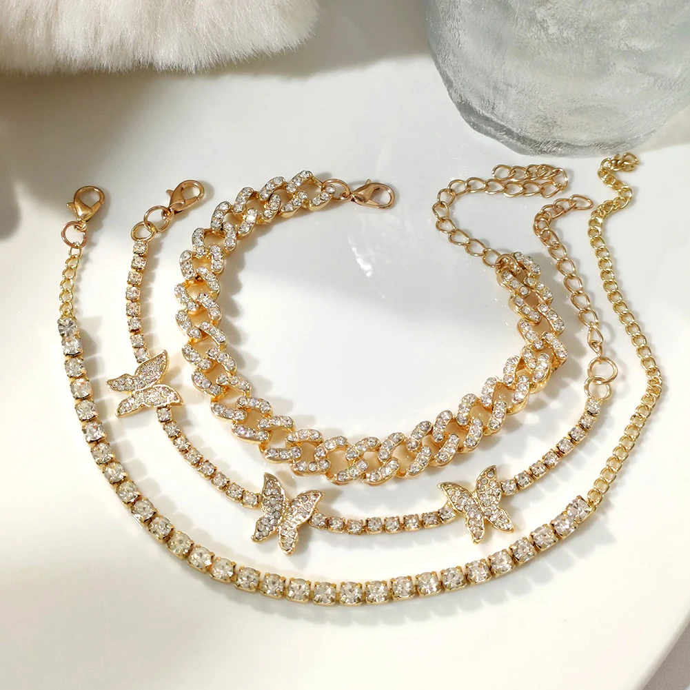 Женские браслеты из кубинской цепи Flatfoosie 3 шт. модные со сверкающими звеньями