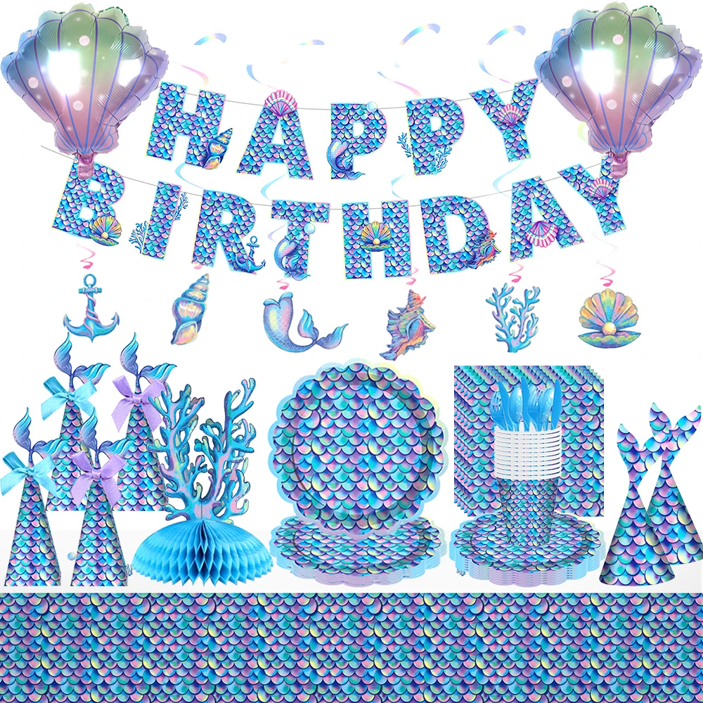 

Mermaid Birthday Party Disposable Tableware Set Paper Cups Plate Under The Sea Party Little Mermaid Decoration Baby Shower Favor