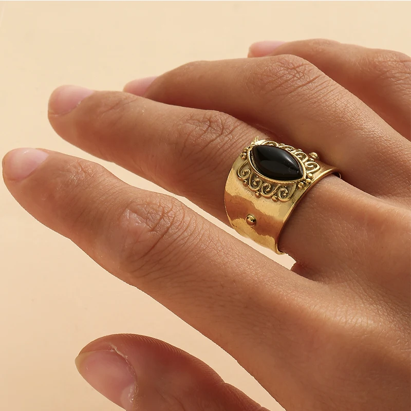 

Luxury Stainless Steel Natural Stone Ring For Women Charm Crystal Adjustable Wide Open Ring Golden Plated Party Jewelry Gifts