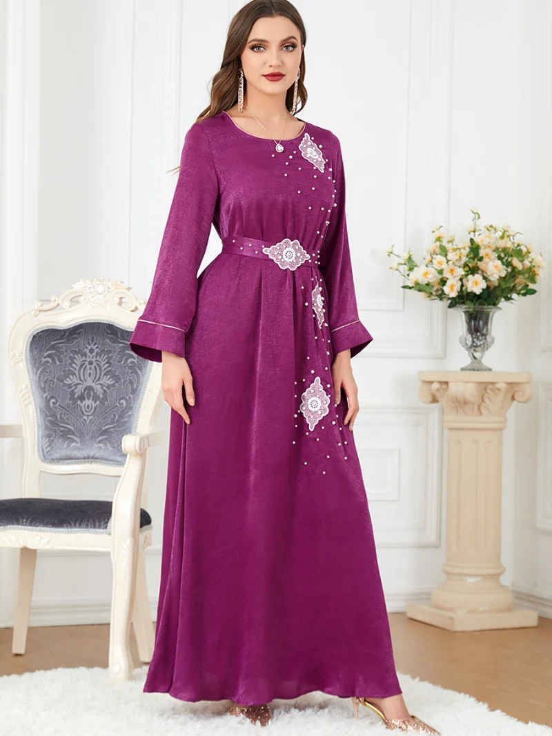 Dresses For Women 2023 Spring Elegant O-Neck Beading Long Sleeve High Waist Party Dress With Sashes Dubai Abaya Ramadan