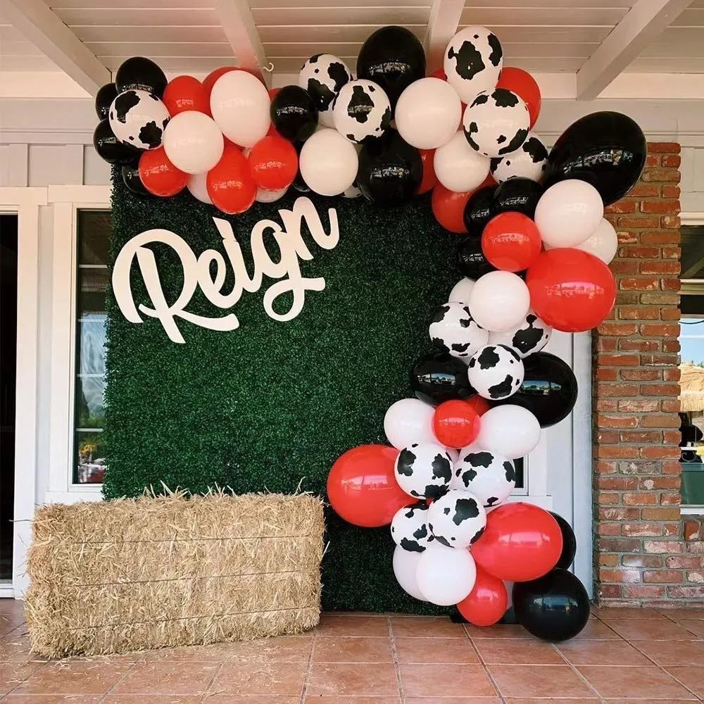 

JOYMEMO Farm Theme Party Decoration Red Black Cow Balloon Garland Arch Kit Birthday Party Baby Shower Event Celebration Supplies