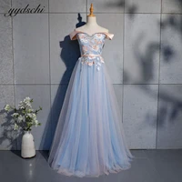 sky blue off the shoulder a line tulle appliques sweetheart floor length formal evening dresses princess quinceanera prom gowns