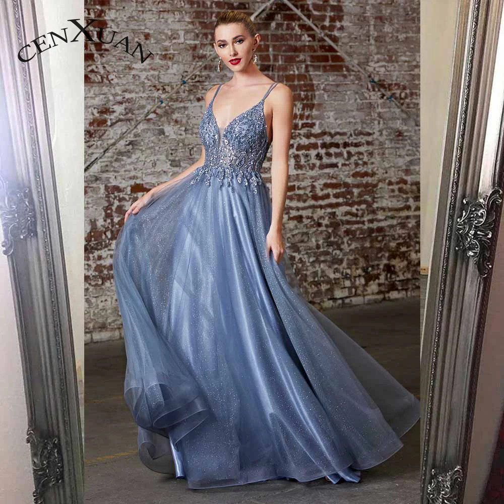 

Cenxuan Sexy Bling Sequined Beading V-Neck Spaghetti Strap Backless Sleeveless Prom Evening Dress Made To Order Robes De Soirée