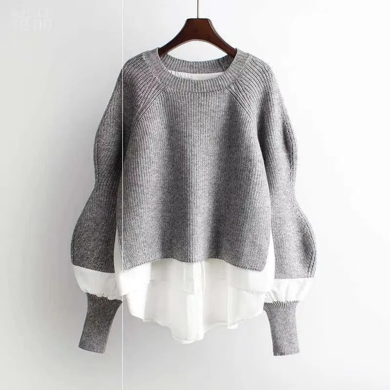 

SuperAen 2022 Autumn and Winter Contrasting O Neck Sweater Stitching Sweater Fake Two-piece Fashion Women's Sweater