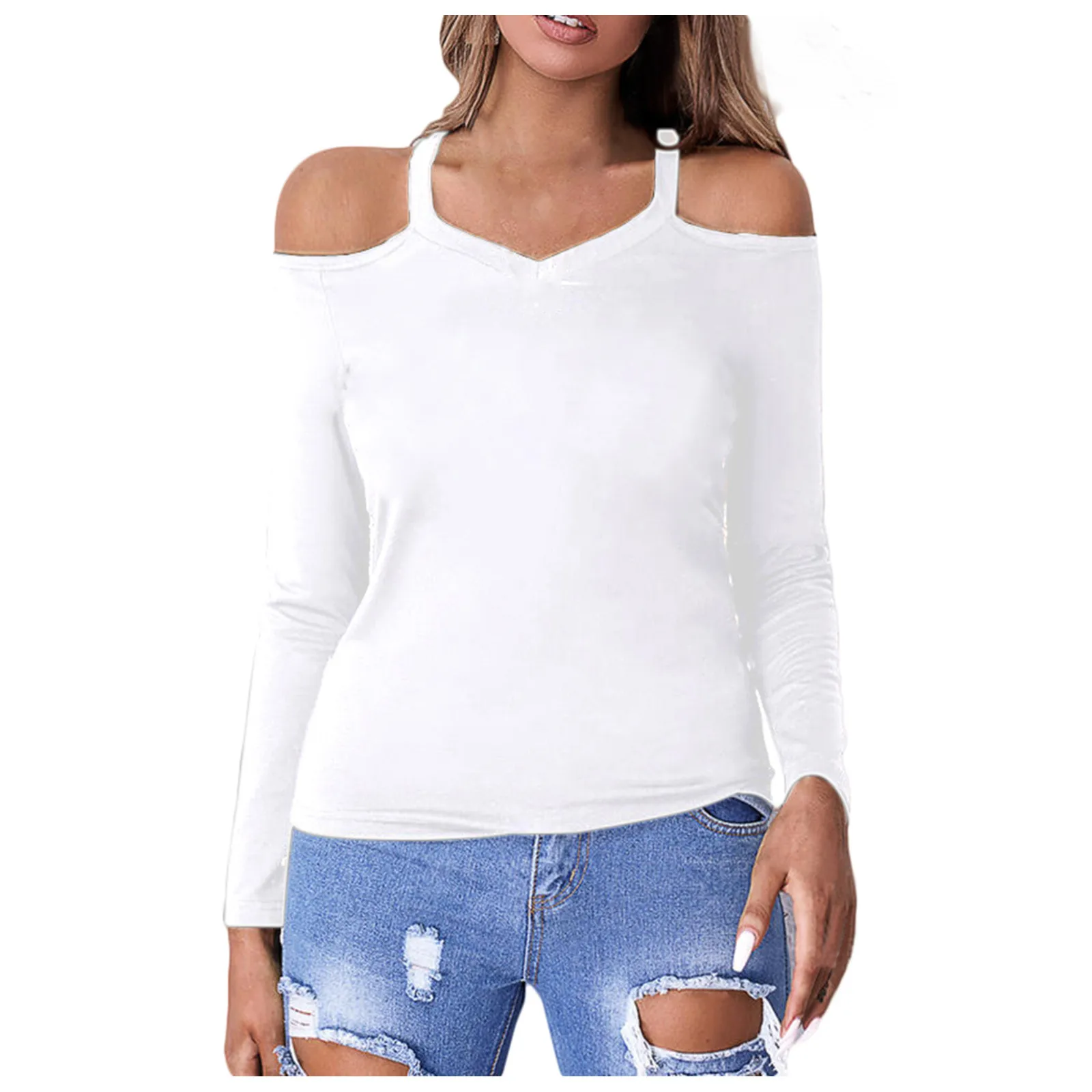 

Autumn Winter Women's Tops Blouse Solid Color Off-the-shoulder Sexy Top Long Sleeved Round Neck Casual Tops