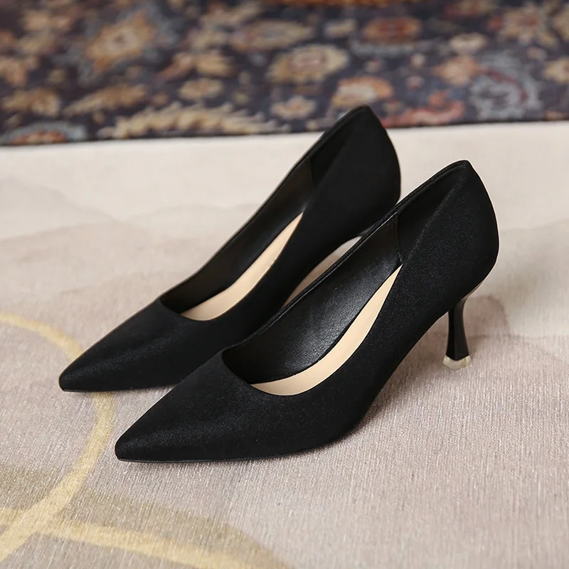 

7cm New Fashion Pointed Toe Satin Spike High Heels Black Color Ladies Dress Shoes for Women 37 38 39