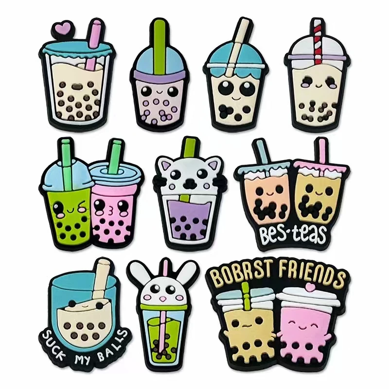 10pcs Cute milk tea Series Shoe Charms For Croc Sandals Unisex Shoe Decoration Kids