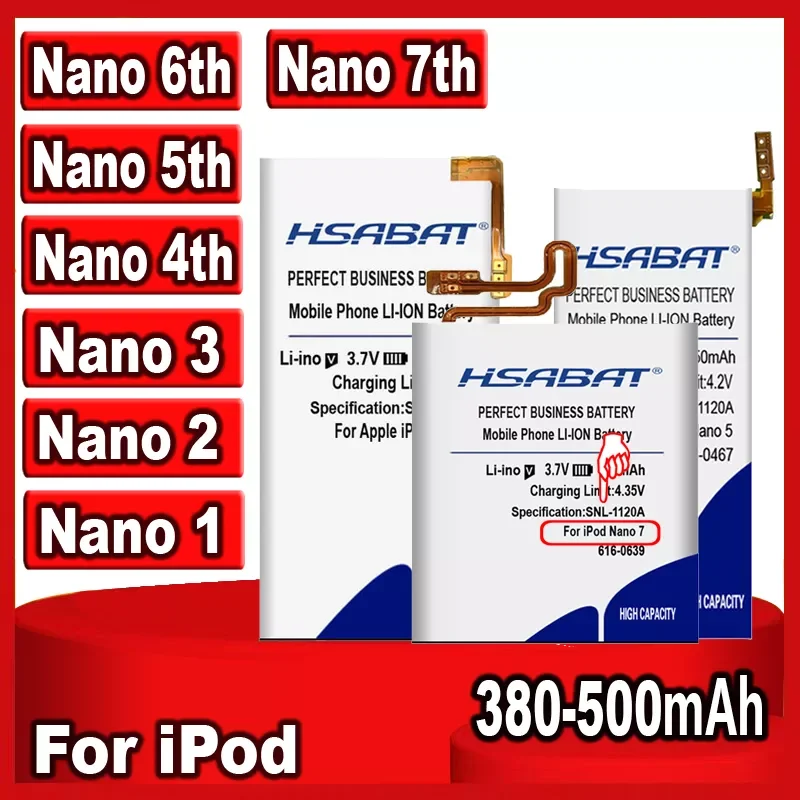 

HSABAT 380mAh-500mAh Battery for iPod Nano 1 2 3 4 5 6 7 4th 5th 6th 7th 1st 2nd Generation 2 Gen 2Gen 3rd 3 Gen 3Gen