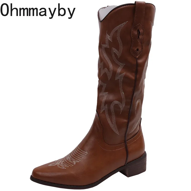 Винтажные женские сапоги до колена в стиле вестерн с v-образным вырезом модная