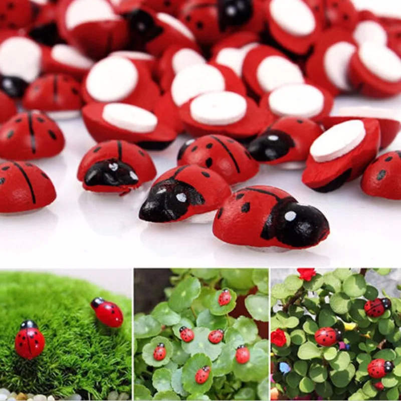 

100pcs Simulation Ladybug Wooden Mini Beetle Self-adhesive Home Decoration Potted Plants Decor Garden Landscape Supplies Gift