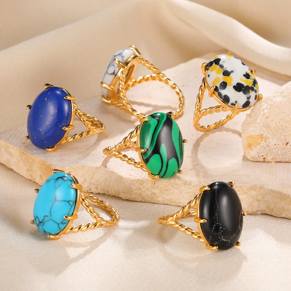 Женское кольцо с натуральным камнем, Винтажное кольцо цвета 18-каратного золота с овальным покрытием зеленого и синего цвета, ажурное ювелирное изделие, подарок на день рождения, новинка 2023