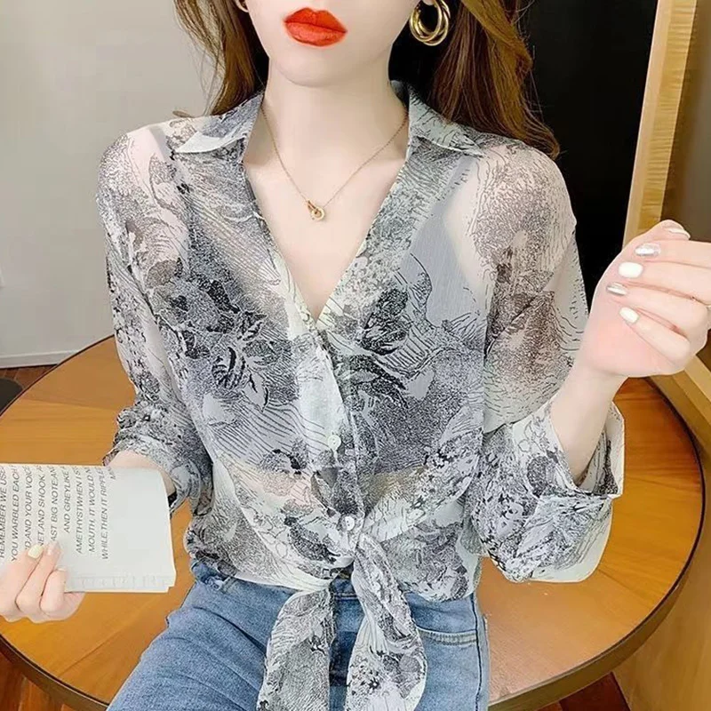 Stylish Lapel Button Printed Bandage Chiffon Shirt Women's Clothing 2023 Spring Summer New Casual Tops Loose Office Lady Blouse