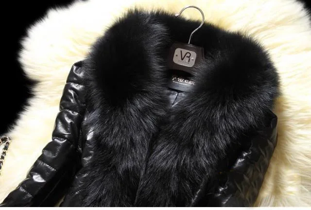 Winter Faux Fur PU Leather Stitching Coat Faux Fox Fur Collar Long Korean Slim Leather Coat Skinny  Fur Black   High Street