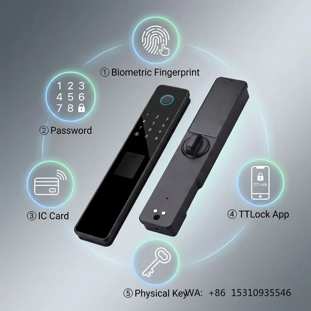 Фото Новый умный дверной замок TTLock 2026 года с тонким дизайном, биометрический цифровой замок 5-в-1 с 1-летним сроком службы батареи для дверей с алюминиевой рамой №1