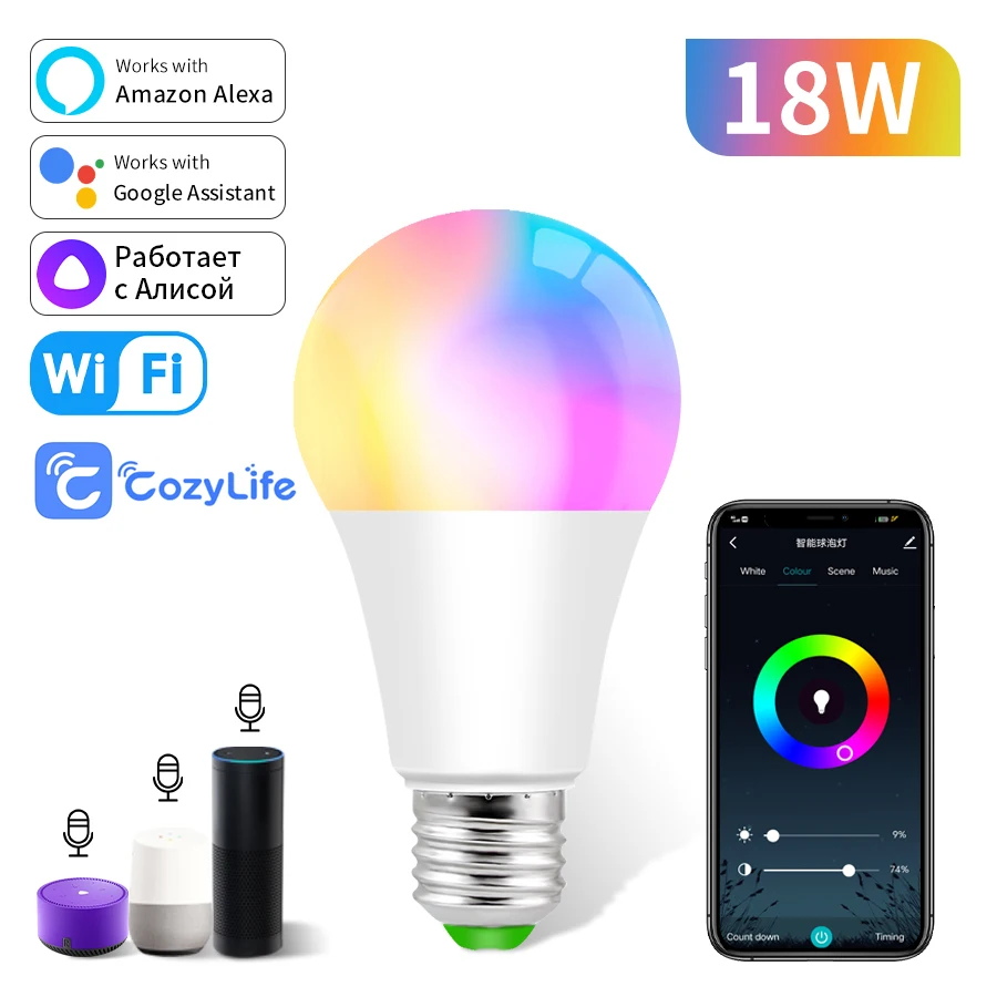 

Умная светодиодная лампа CozyLife E27 RGB+CW 12/15/18Вт Wi-Fi