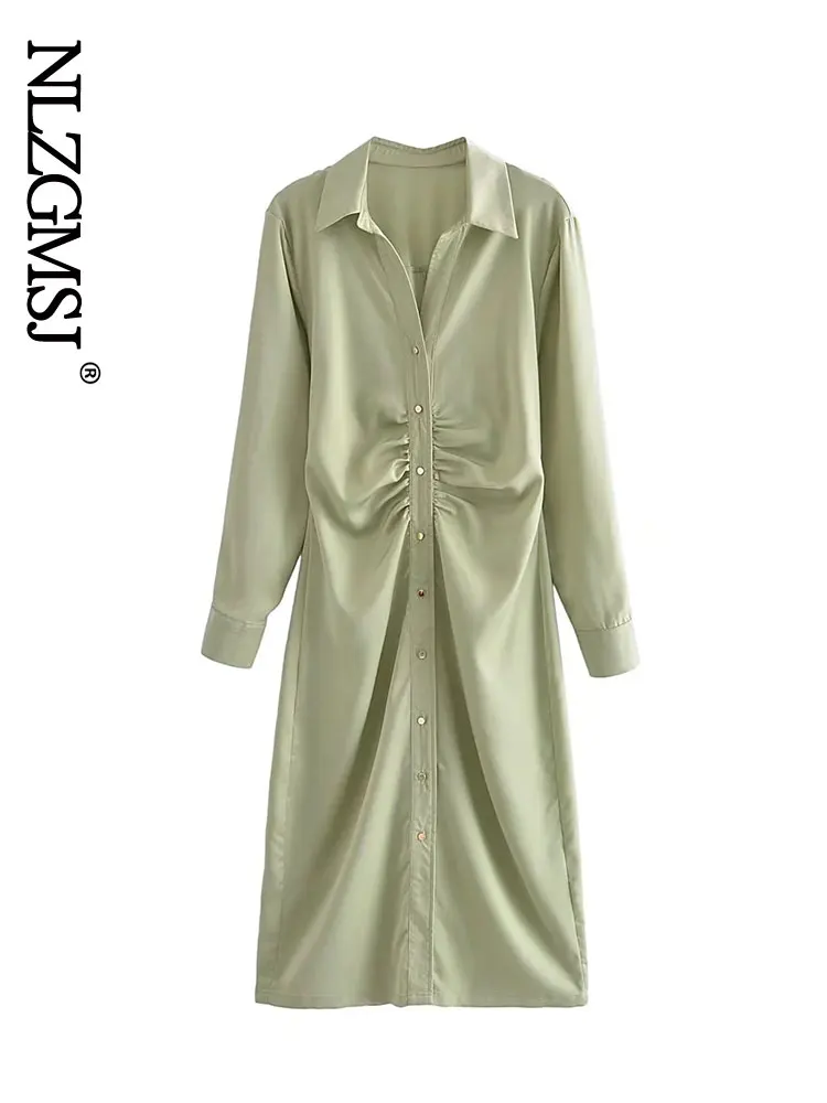 

Nlzgmsj 2022 Women Front Draped Shirt Dress Female Lapel Collar Long Sleeve Causal Autumn Midi Dress Vestido 202205