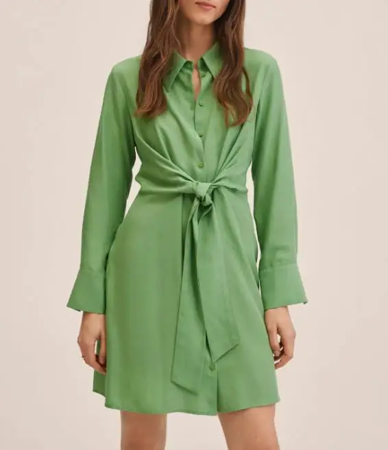 

2022 зеленые женские платья-рубашки с длинным рукавом и узлом