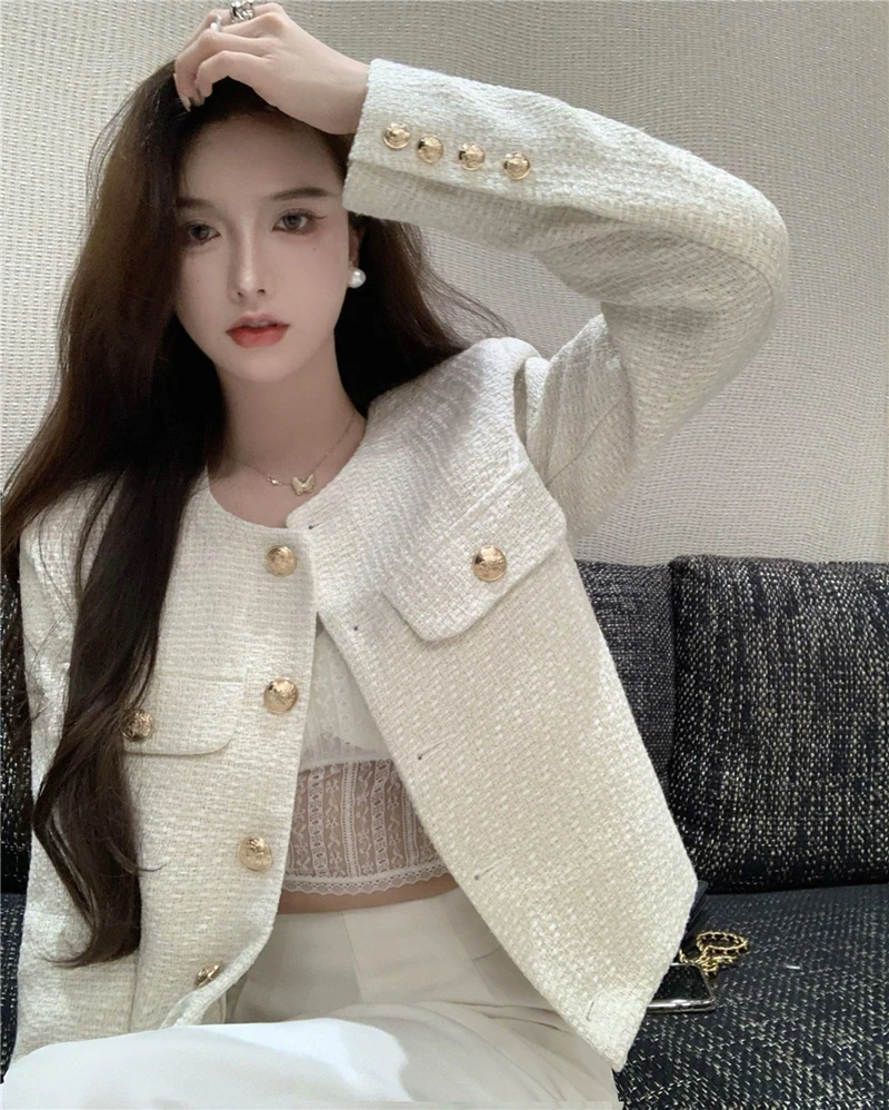 

Runway Autumn New Women High Quality Gold Button Single-Breasted Tweed Woolen Coat Round Neck Long Sleeve Jacket Outwear E250