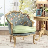custom carved peach blossom solid wood leisure sofa blue embroidered green leather solid wood bedroom leisure chair