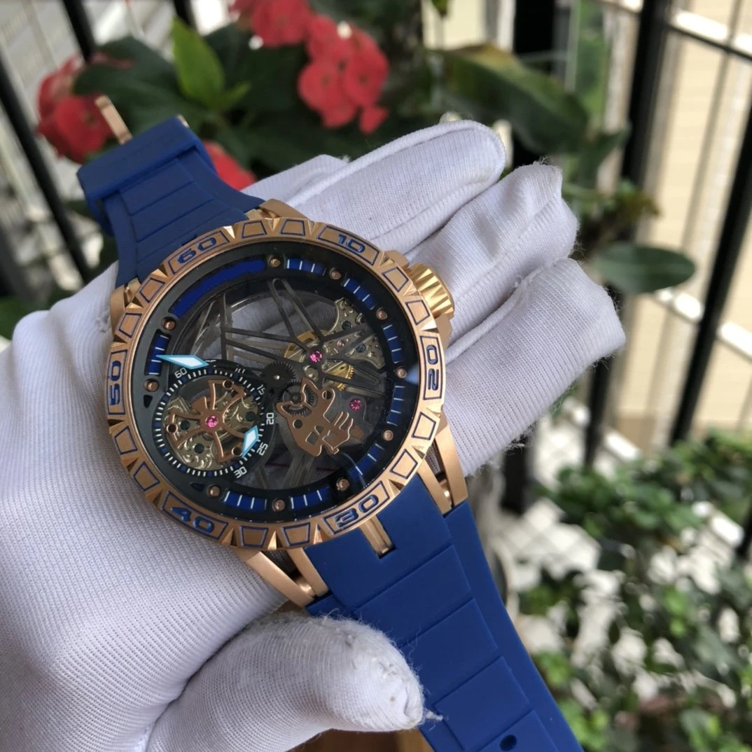 

mens mechanical watch automatic Rose Gold blue leather rubber tourbillion