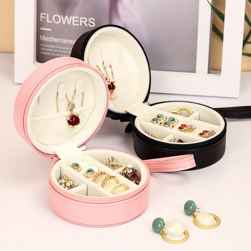 

VoltaBox 2022 New Simple Round Zipper Women Jewelry Storage Box Portable Casual Travel Solid Color PU Jewellery Organizer