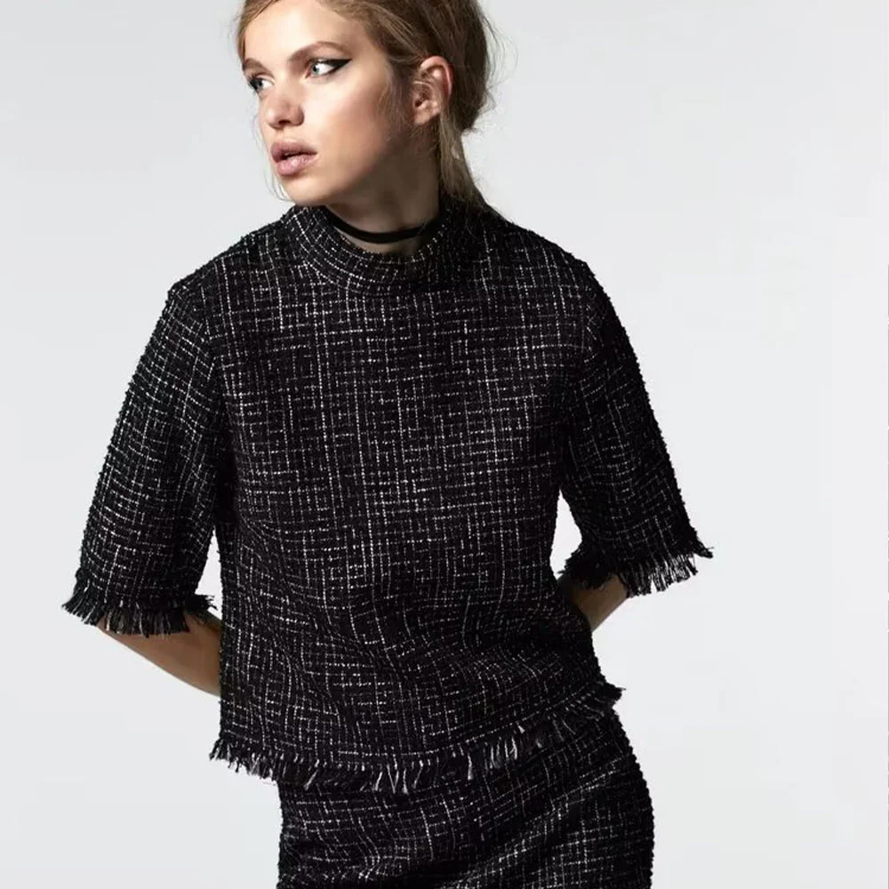 

Осень 2022, женский новый темпераментный Приталенный топ с воротником-стойкой в стиле ретро, универсальный топ с полурукавами и необработанной текстурой