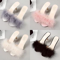 2022 summer new fashion women slippers high heel shoes thin heels high 5cm 8cm plus size 43 korean furry slides for women