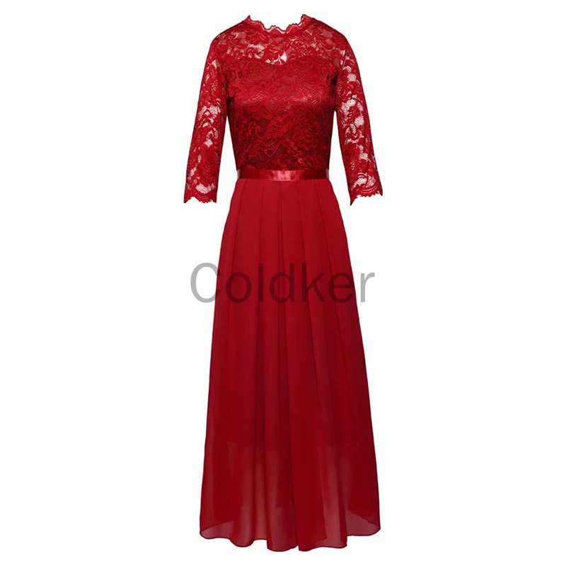 

2022 New Women Chiffon Dresses Round Neck Mid-Sleeve Sashes Solid Color Elegant Lace Floral Long Prom Dress Wedding Party Dress