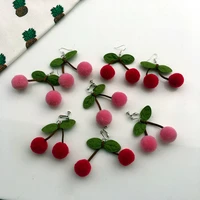 korean new fashion dangle earrings for women cute cherry pompom drop earrings handmade autumn winter jewelry gift for girls