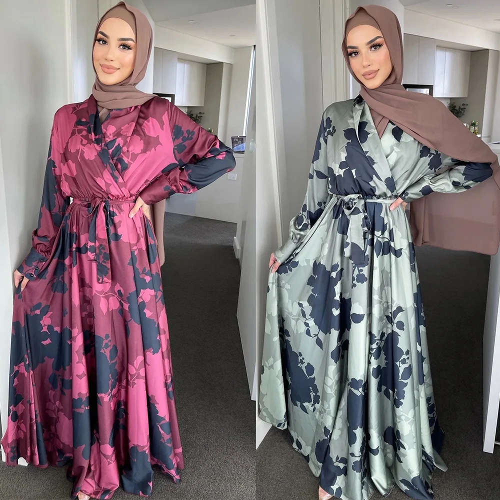 Рамадан ИД Мубарак Abaya с цветочным принтом мусульманский арабский хиджаб длинные кафтаны женское платье для вечера женское длинное исламск...