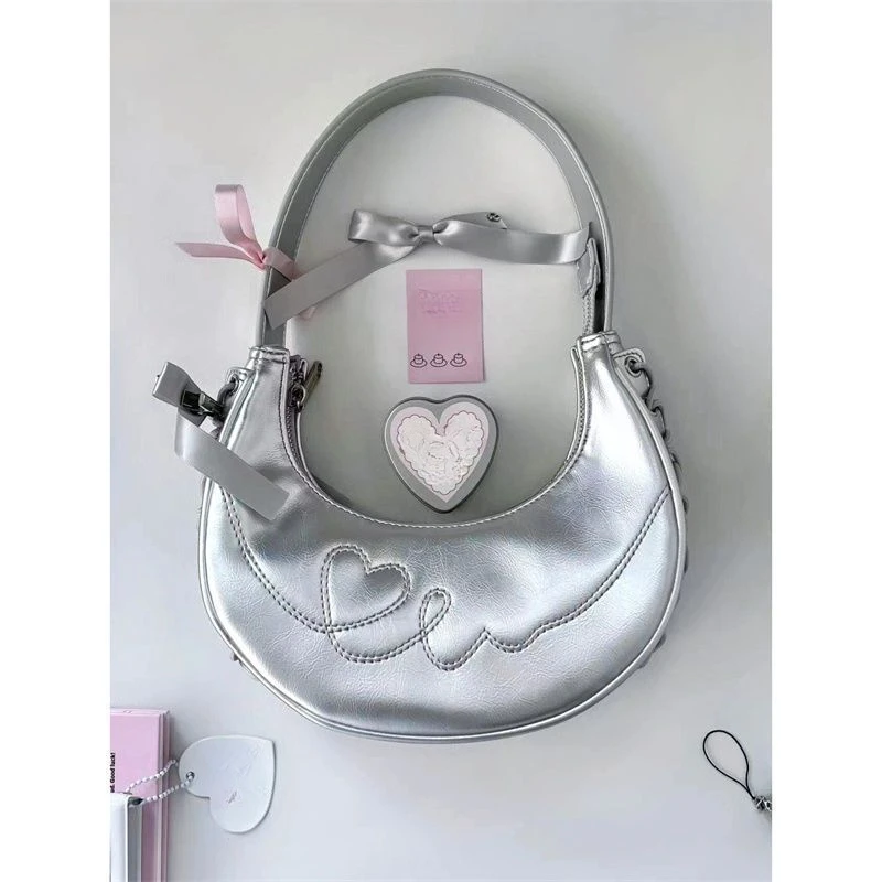 

Y2K Korean Harajuku Gothic Silver Wallet Hand Bag Aesthetic Vintage Kawaii Bow Purse Handbag Shoulder Crossbody Tote Bags Women
